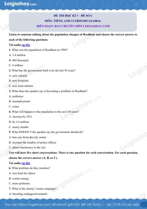 Đề thi học kì 1 Tiếng Anh 12 Friends Global - Đề số 6